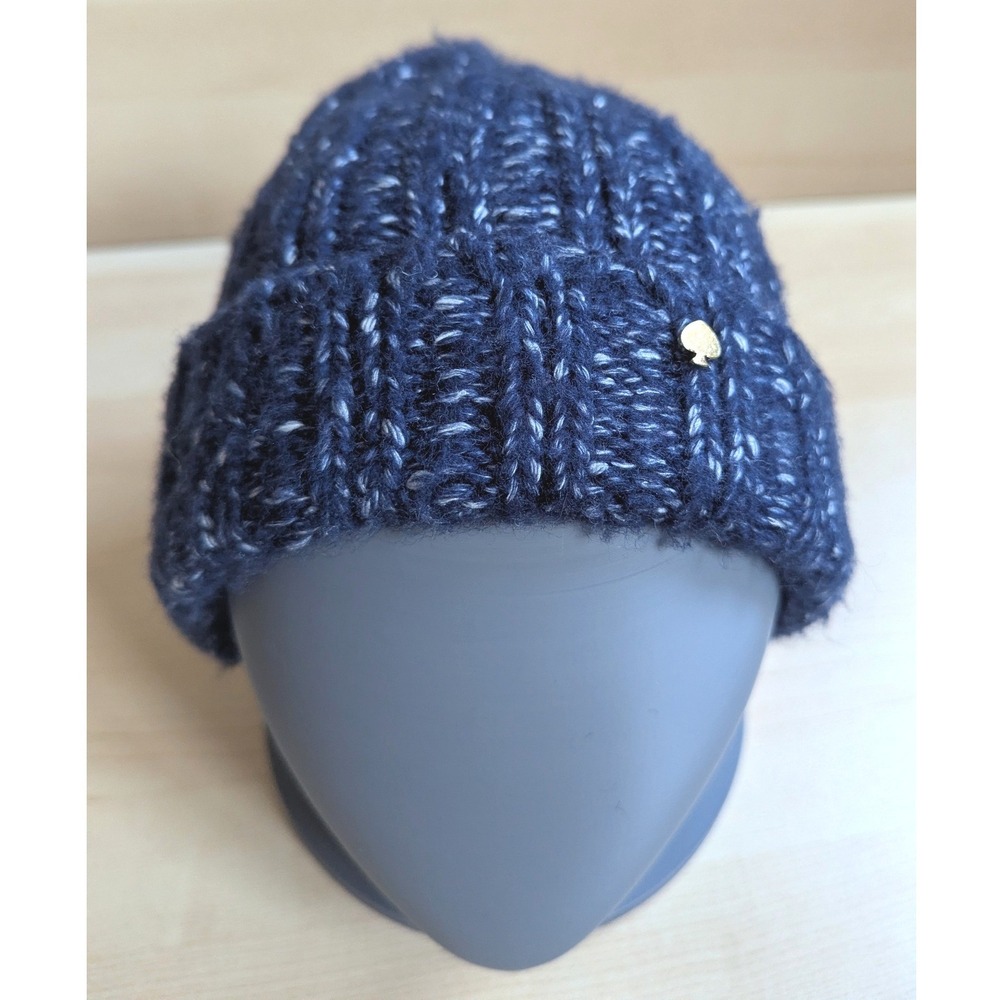 Kate Spade New York Navy Blue Ribbed Knit Beanie Cotton Wool Blend Hat Logo Stud